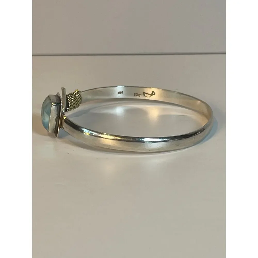 925 Sterling Silver Larimar Bracelet 14K Gold Rope Accent Cuff - Picture 7 of 11